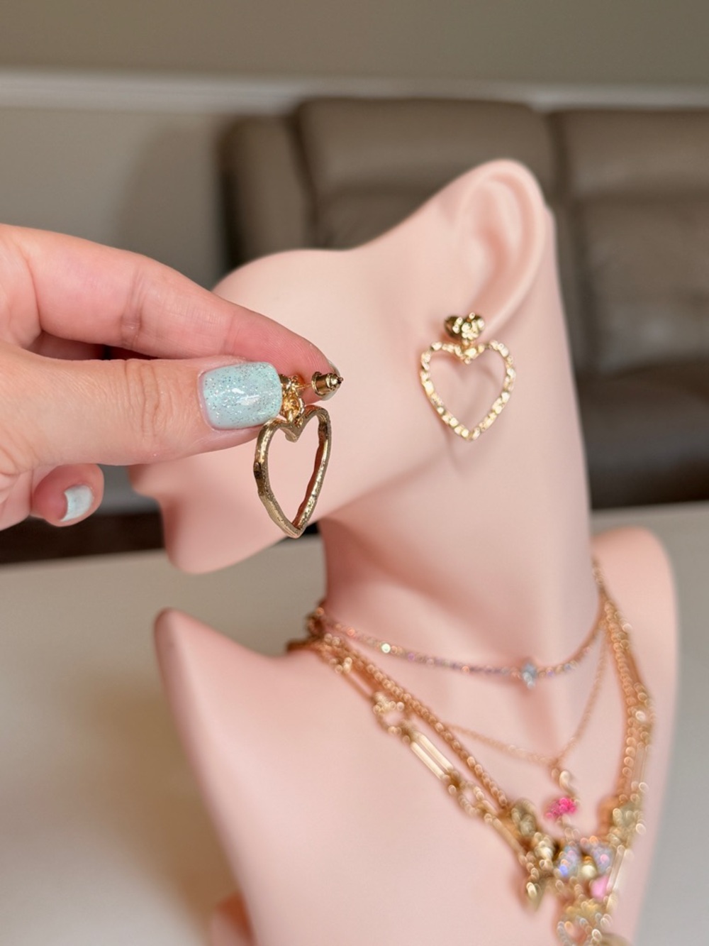 Gold Heart Drop Earrings - Picture 6 of 10